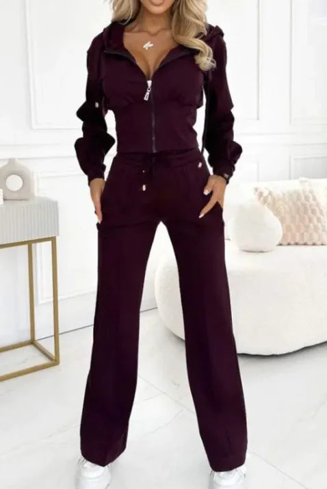 Chic Lounge Set - Hooded Zipper Jacket + Fitted Pants