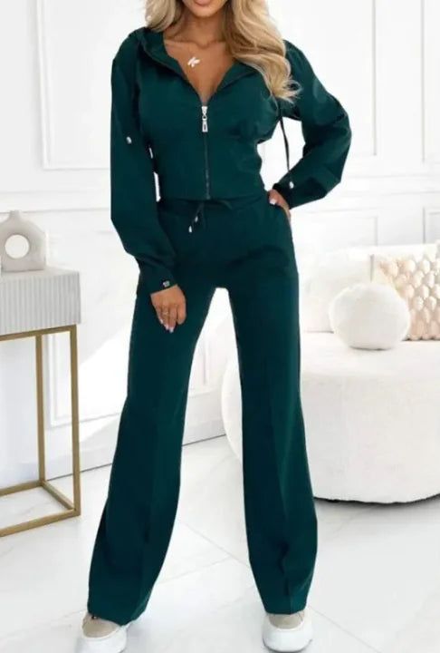 Chic Lounge Set - Hooded Zipper Jacket + Fitted Pants