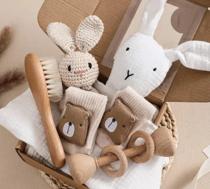 Little Delights™ Newborn Gift Set - Natural Wood & Soft Bunny Accessories for Baby Showers