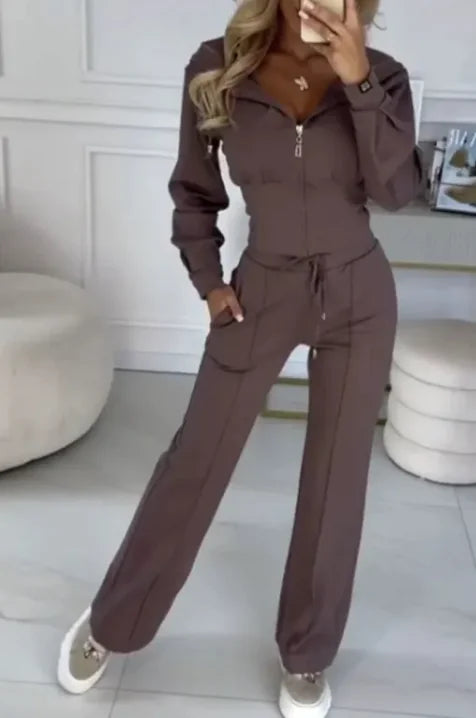 Chic Lounge Set - Hooded Zipper Jacket + Fitted Pants
